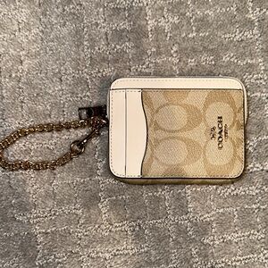 Coach Beige and White Card Holder with Gold Chain